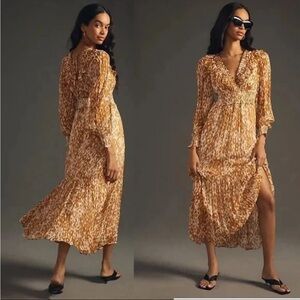 Anthropologie The Odetta Ruffled V-Neck Dress honey color small